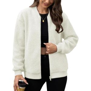 imageMAGCOMSEN Womens Sherpa Fleece Jacket Long Sleeve Fuzzy Comfy Fall Coat Bomber Zip Up Winter Jackets with PocketsBeigewhite