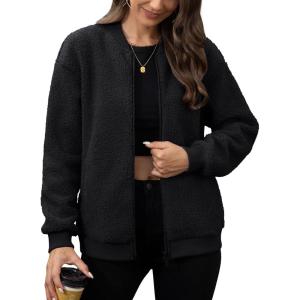 imageMAGCOMSEN Womens Sherpa Fleece Jacket Long Sleeve Fuzzy Comfy Fall Coat Bomber Zip Up Winter Jackets with PocketsBlack