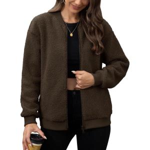 imageMAGCOMSEN Womens Sherpa Fleece Jacket Long Sleeve Fuzzy Comfy Fall Coat Bomber Zip Up Winter Jackets with PocketsBrown