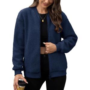 imageMAGCOMSEN Womens Sherpa Fleece Jacket Long Sleeve Fuzzy Comfy Fall Coat Bomber Zip Up Winter Jackets with PocketsDarkblue