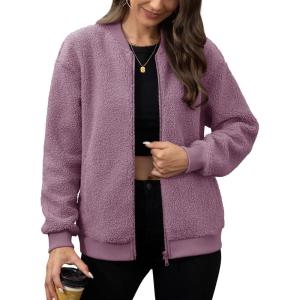 imageMAGCOMSEN Womens Sherpa Fleece Jacket Long Sleeve Fuzzy Comfy Fall Coat Bomber Zip Up Winter Jackets with PocketsGraypurple
