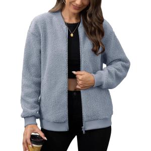 imageMAGCOMSEN Womens Sherpa Fleece Jacket Long Sleeve Fuzzy Comfy Fall Coat Bomber Zip Up Winter Jackets with PocketsLightgrey