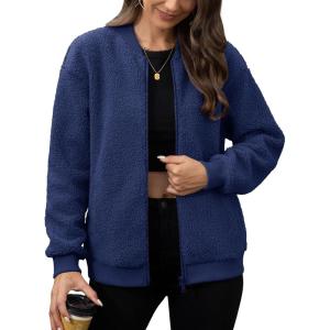 imageMAGCOMSEN Womens Sherpa Fleece Jacket Long Sleeve Fuzzy Comfy Fall Coat Bomber Zip Up Winter Jackets with PocketsRoyalblue