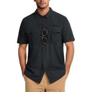 imageMAGCOMSEN Mens UPF 50 Fishing Shirts UV Sun Protection Cooling Quick Dry Short Sleeve Shirts for Hiking Safari CampingBlack