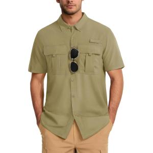 imageMAGCOMSEN Mens UPF 50 Fishing Shirts UV Sun Protection Cooling Quick Dry Short Sleeve Shirts for Hiking Safari CampingKhaki
