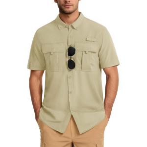 imageMAGCOMSEN Mens UPF 50 Fishing Shirts UV Sun Protection Cooling Quick Dry Short Sleeve Shirts for Hiking Safari CampingLight Khaki