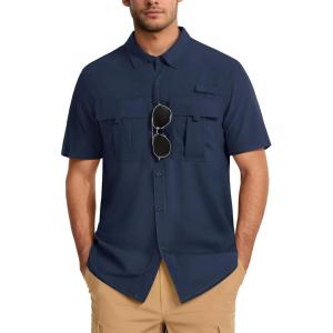 imageMAGCOMSEN Mens UPF 50 Fishing Shirts UV Sun Protection Cooling Quick Dry Short Sleeve Shirts for Hiking Safari CampingNavy
