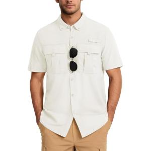 imageMAGCOMSEN Mens UPF 50 Fishing Shirts UV Sun Protection Cooling Quick Dry Short Sleeve Shirts for Hiking Safari CampingWhite
