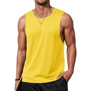 imageMAGCOMSEN Mens Cotton Tank Top Sleeveless Tee Shirt Cut Off Muscle Shirts Workout Gym Tank Tops Summer Beach Yellow S