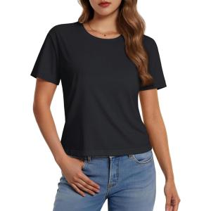 imageMAGCOMSEN Womens Crop Tops Basic Summer Cropped TShirts Loose Fit Cotton Short Sleeve UPF 50 Boxy Tee ShirtsBlack