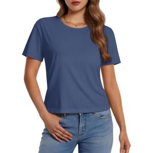 imageMAGCOMSEN Womens Crop Tops Basic Summer Cropped TShirts Loose Fit Cotton Short Sleeve UPF 50 Boxy Tee ShirtsBlue Grey