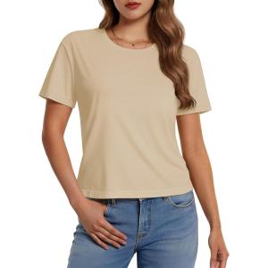 imageMAGCOMSEN Womens Crop Tops Basic Summer Cropped TShirts Loose Fit Cotton Short Sleeve UPF 50 Boxy Tee ShirtsLight Khaki