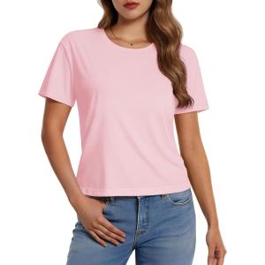imageMAGCOMSEN Womens Crop Tops Basic Summer Cropped TShirts Loose Fit Cotton Short Sleeve UPF 50 Boxy Tee ShirtsLight Pink