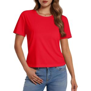imageMAGCOMSEN Womens Crop Tops Basic Summer Cropped TShirts Loose Fit Cotton Short Sleeve UPF 50 Boxy Tee ShirtsTomato Red