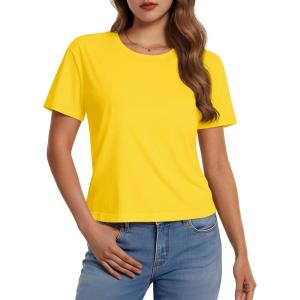imageMAGCOMSEN Womens Crop Tops Basic Summer Cropped TShirts Loose Fit Cotton Short Sleeve UPF 50 Boxy Tee ShirtsYellow
