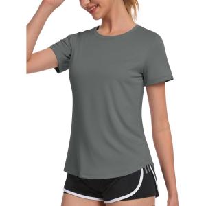 imageMAGCOMSEN Womens UPF 80 Short Sleeve TShirts Moisture Wicking Quick Dry Athletic Workout Rash Guard TopsGrey
