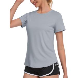 imageMAGCOMSEN Womens UPF 80 Short Sleeve TShirts Moisture Wicking Quick Dry Athletic Workout Rash Guard TopsL Grey