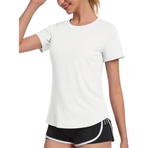imageMAGCOMSEN Womens UPF 80 Short Sleeve TShirts Moisture Wicking Quick Dry Athletic Workout Rash Guard TopsWhite