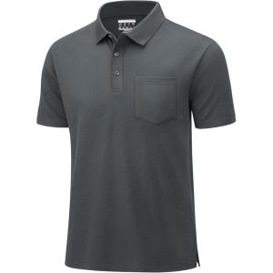 imageMAGCOMSEN Mens Polo Shirts Short Sleeve Cotton Pique Golf Shirts with Pocket Casual Performance Moisture Wicking Polos Dark Grey XL