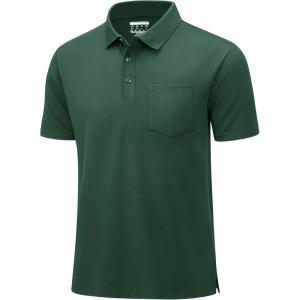 imageMAGCOMSEN Mens Polo Shirts Short Sleeve Cotton Pique Golf Shirts with Pocket Casual Performance Moisture Wicking PolosDark Green