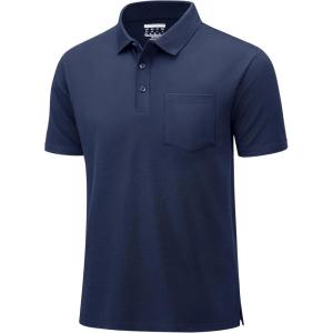 imageMAGCOMSEN Mens Polo Shirts Short Sleeve Cotton Pique Golf Shirts with Pocket Casual Performance Moisture Wicking PolosNavy Blue