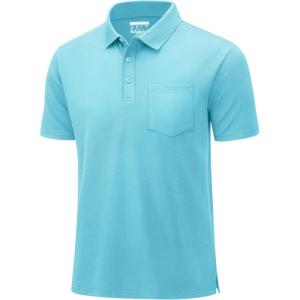 imageMAGCOMSEN Mens Polo Shirts Short Sleeve Cotton Pique Golf Shirts with Pocket Casual Performance Moisture Wicking PolosSky Blue