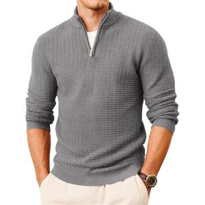 imageMAGCOMSEN Mens Sweaters 14 Zip Knit Waffle Textured Pullover for Fall Winter Warm Soft SweaterDark Grey