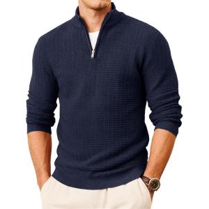 imageMAGCOMSEN Mens Sweaters 14 Zip Knit Waffle Textured Pullover for Fall Winter Warm Soft SweaterNavy