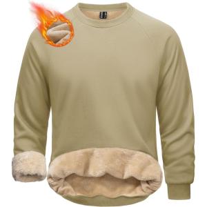 imageMAGCOMSEN Mens Sweatshirts Sherpa Lined Heavyweight Fleece Pullover Warm Crewneck Winter SweatshirtKhaki