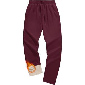 imageMAGCOMSEN Mens Winter Fleece Pants Sherpa Lined Sweatpants with Pockets Drawstring Lounge Running Athletic Warm PantsWine Red