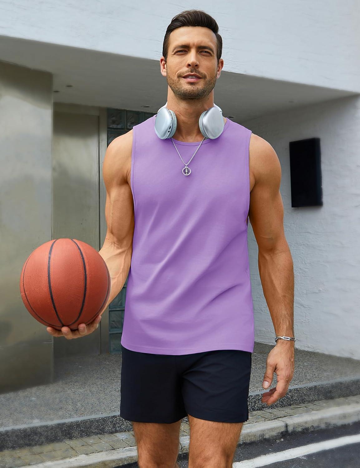imageMAGCOMSEN Cotton Tank Tops Sleeveless Shirts for Men Athletic Cut Off Shirt Muscle Sleeveless Shirt for Summer Light Purple L