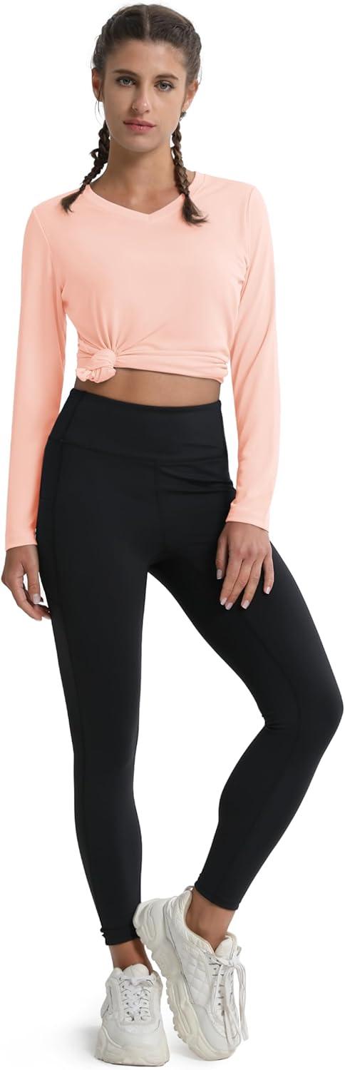 imageMAGCOMSEN SPF Shirts for Women Long Sleeve Workout Tops VNeck UPF 50 UV Sun Shirt Quick Dry Performance Tees Swim TopsApricot