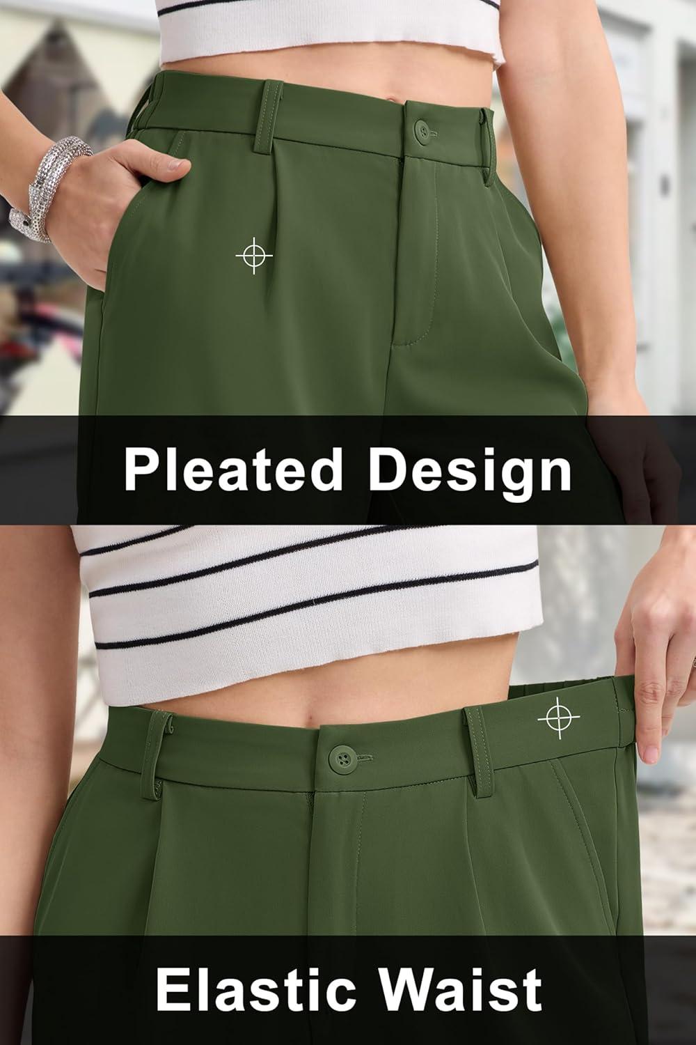 imageMAGCOMSEN Shorts for Women Dressy Casual Summer Pleated Tailored Back Elastic Waist Trouser Shorts with PocketsArmy Green