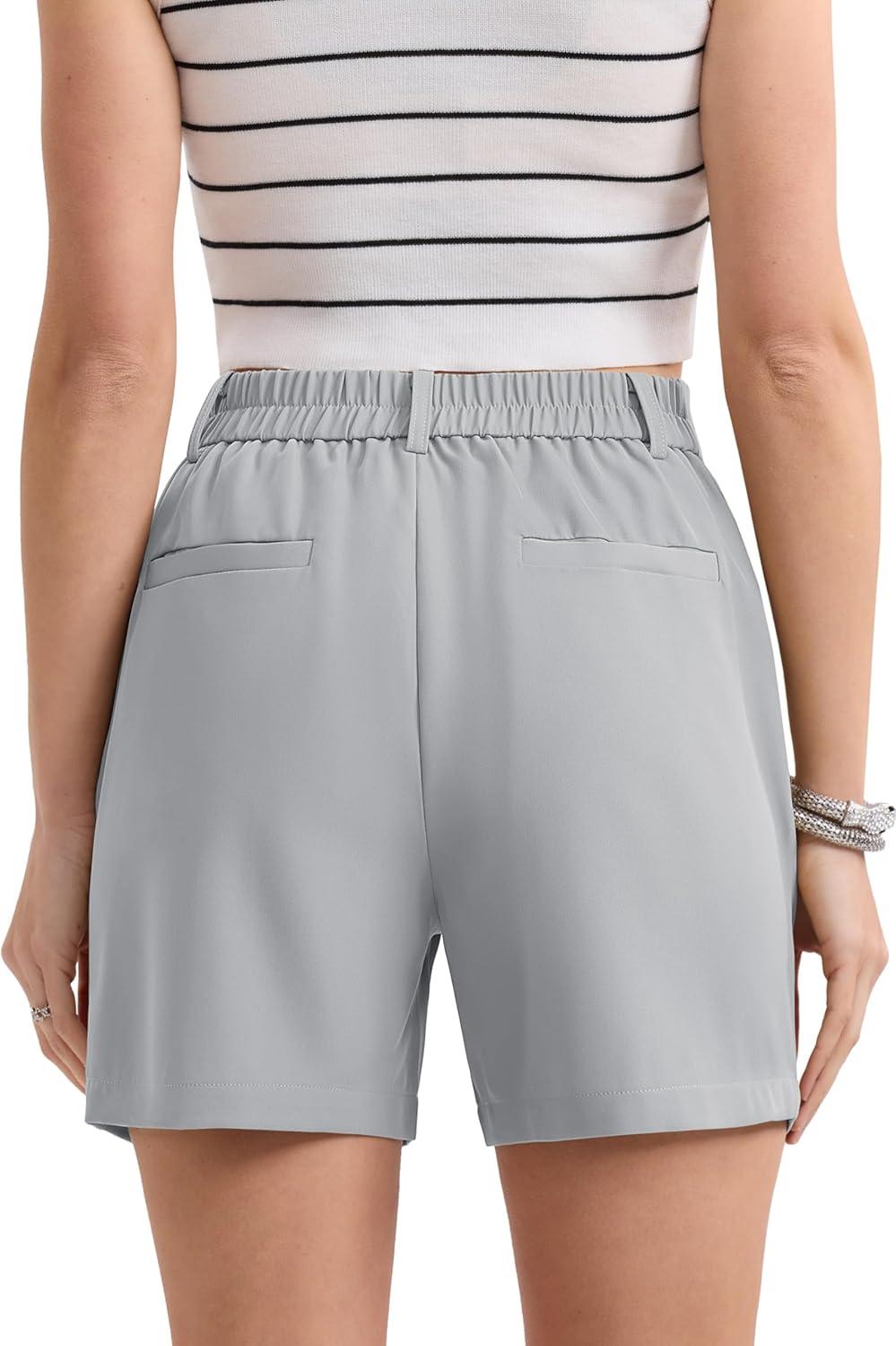 imageMAGCOMSEN Shorts for Women Dressy Casual Summer Pleated Tailored Back Elastic Waist Trouser Shorts with PocketsLight Gray