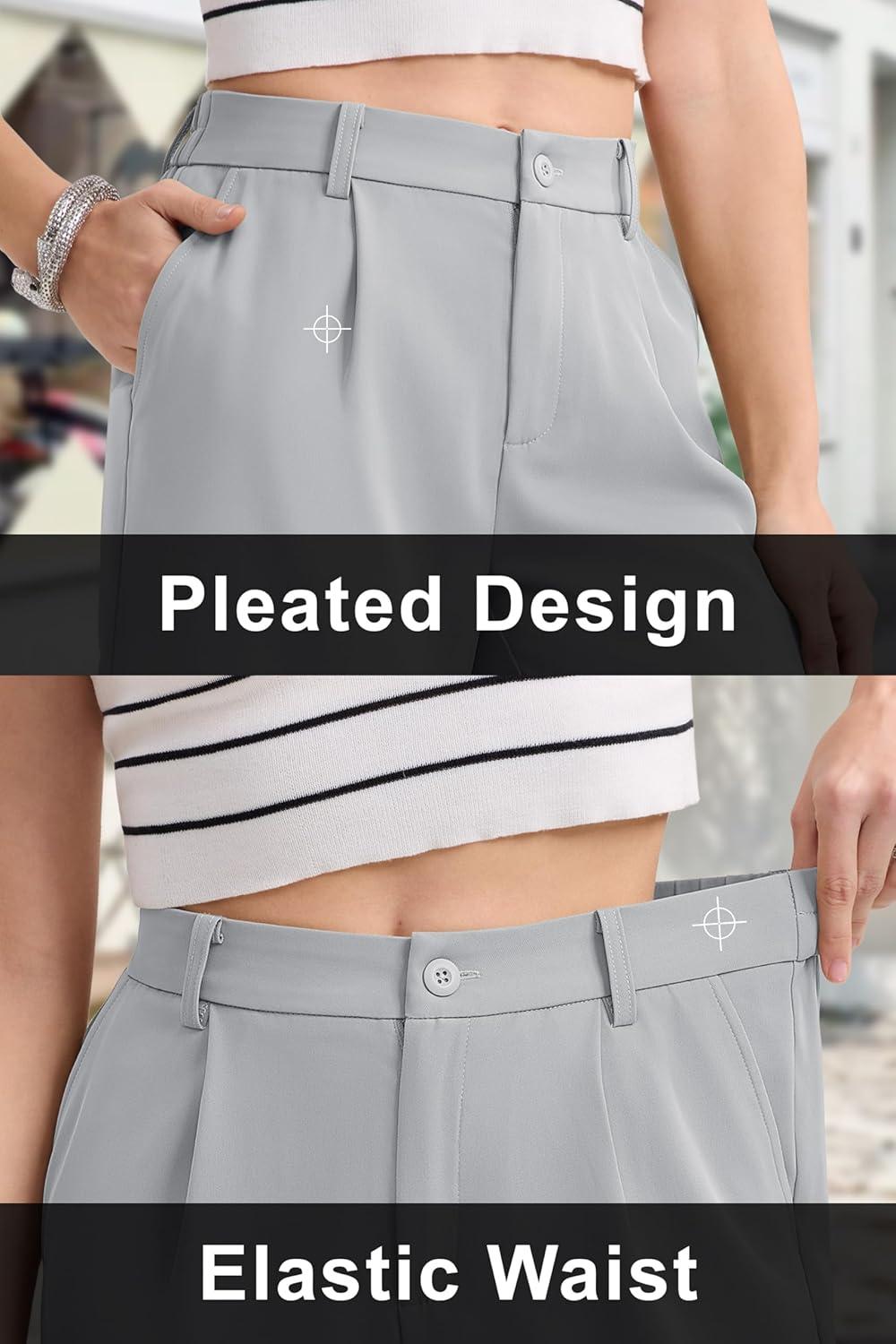 imageMAGCOMSEN Shorts for Women Dressy Casual Summer Pleated Tailored Back Elastic Waist Trouser Shorts with PocketsLight Gray