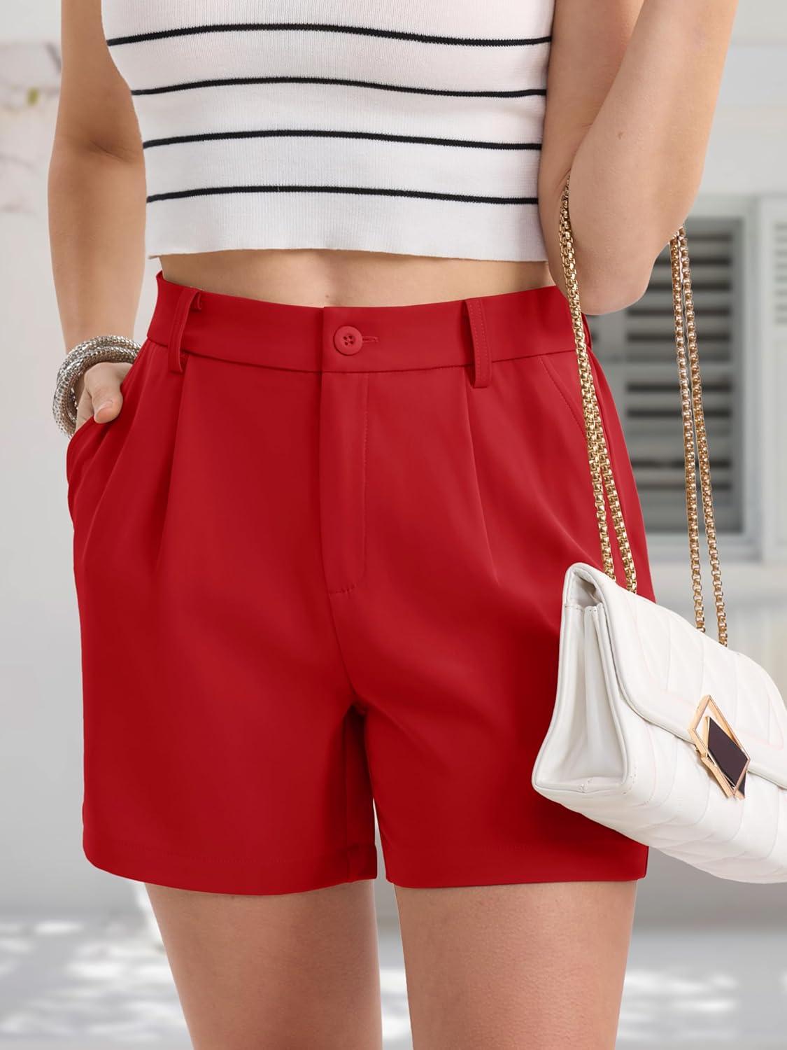 imageMAGCOMSEN Shorts for Women Dressy Casual Summer Pleated Tailored Back Elastic Waist Trouser Shorts with PocketsTomato Red