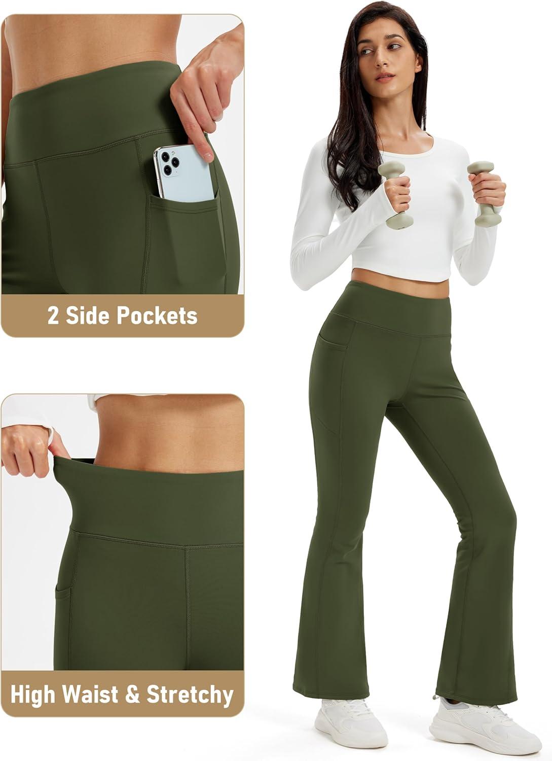 imageMAGCOMSEN Womens Fleece Lined Leggings Flare Pants High Waist Water Resistant Winter Thermal Casual Pants with PocketsArmy Green