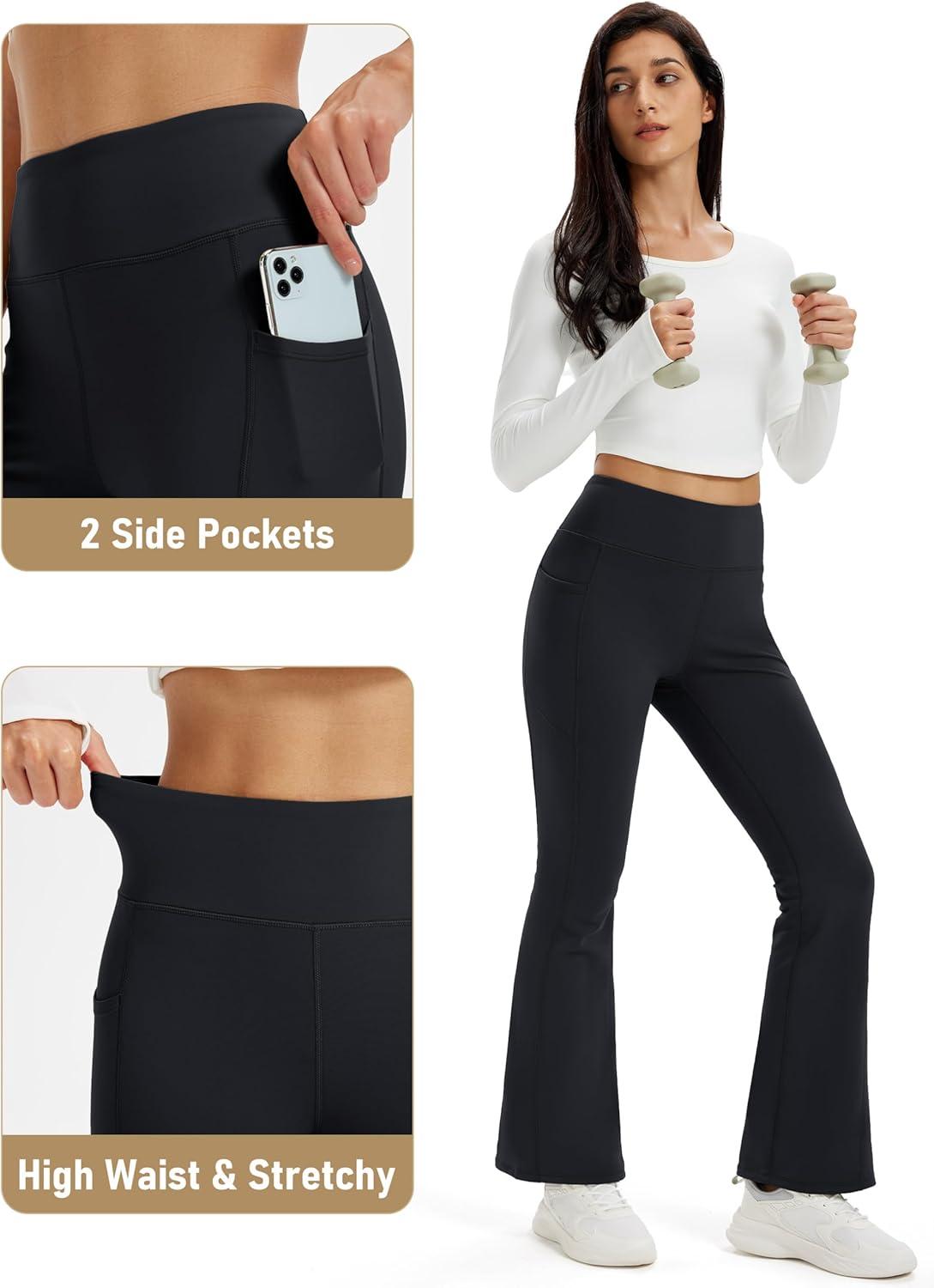 imageMAGCOMSEN Womens Fleece Lined Leggings Flare Pants High Waist Water Resistant Winter Thermal Casual Pants with PocketsBlack