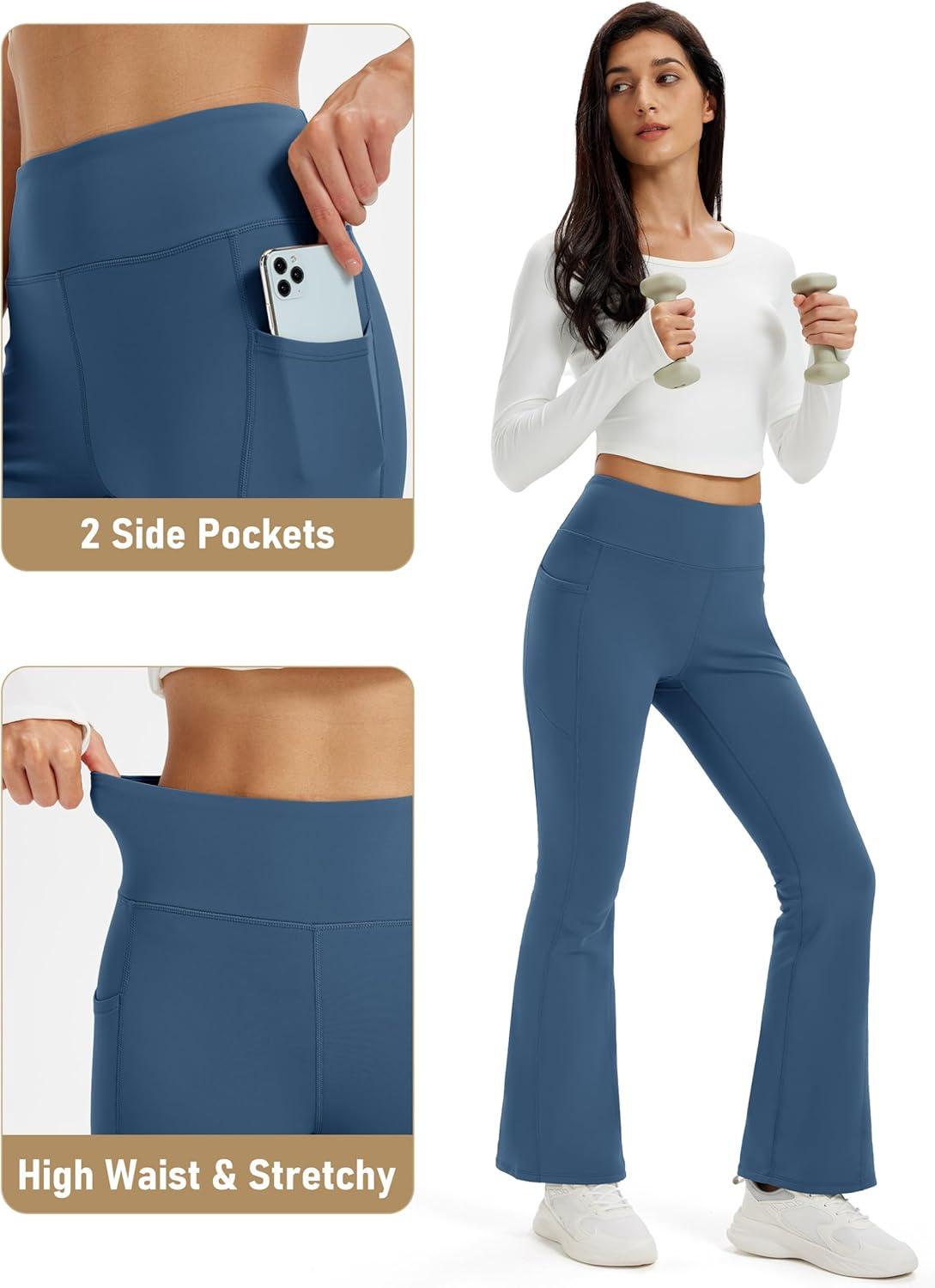 imageMAGCOMSEN Womens Fleece Lined Leggings Flare Pants High Waist Water Resistant Winter Thermal Casual Pants with PocketsBlue Grey