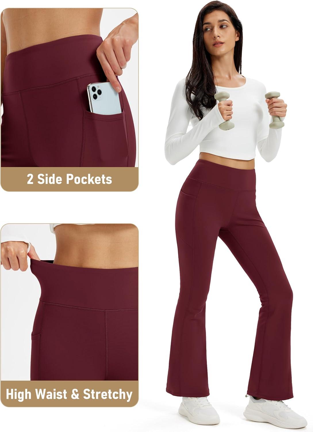 imageMAGCOMSEN Womens Fleece Lined Leggings Flare Pants High Waist Water Resistant Winter Thermal Casual Pants with PocketsBurgundy