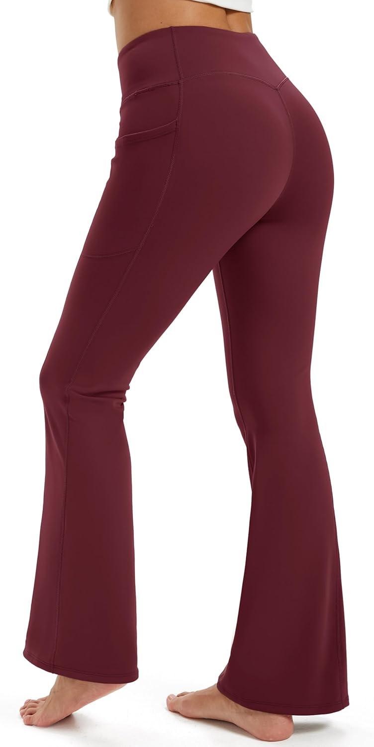 imageMAGCOMSEN Womens Fleece Lined Leggings Flare Pants High Waist Water Resistant Winter Thermal Casual Pants with PocketsBurgundy