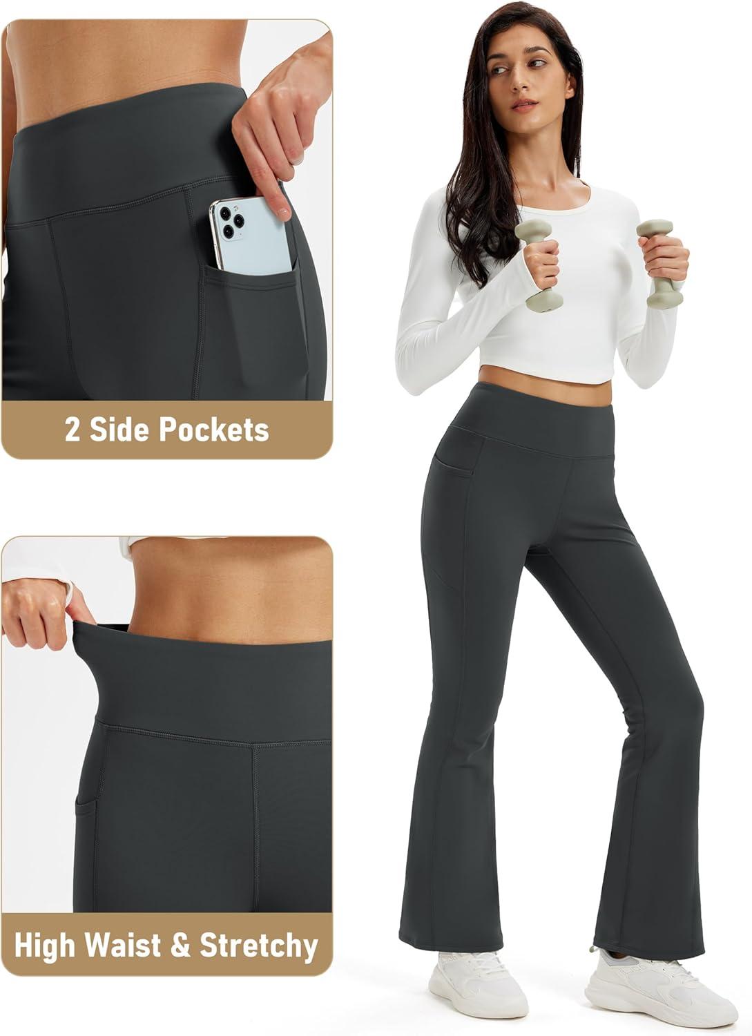 imageMAGCOMSEN Womens Fleece Lined Leggings Flare Pants High Waist Water Resistant Winter Thermal Casual Pants with PocketsDarkgrey