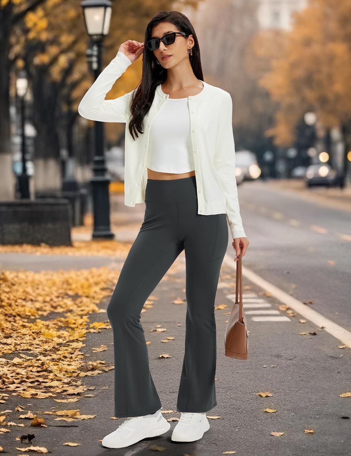 imageMAGCOMSEN Womens Fleece Lined Leggings Flare Pants High Waist Water Resistant Winter Thermal Casual Pants with PocketsDarkgrey