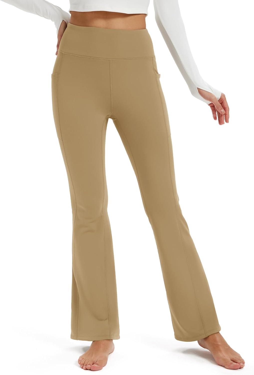 imageMAGCOMSEN Womens Fleece Lined Leggings Flare Pants High Waist Water Resistant Winter Thermal Casual Pants with PocketsKhaki