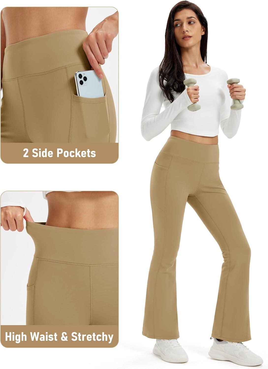 imageMAGCOMSEN Womens Fleece Lined Leggings Flare Pants High Waist Water Resistant Winter Thermal Casual Pants with PocketsKhaki