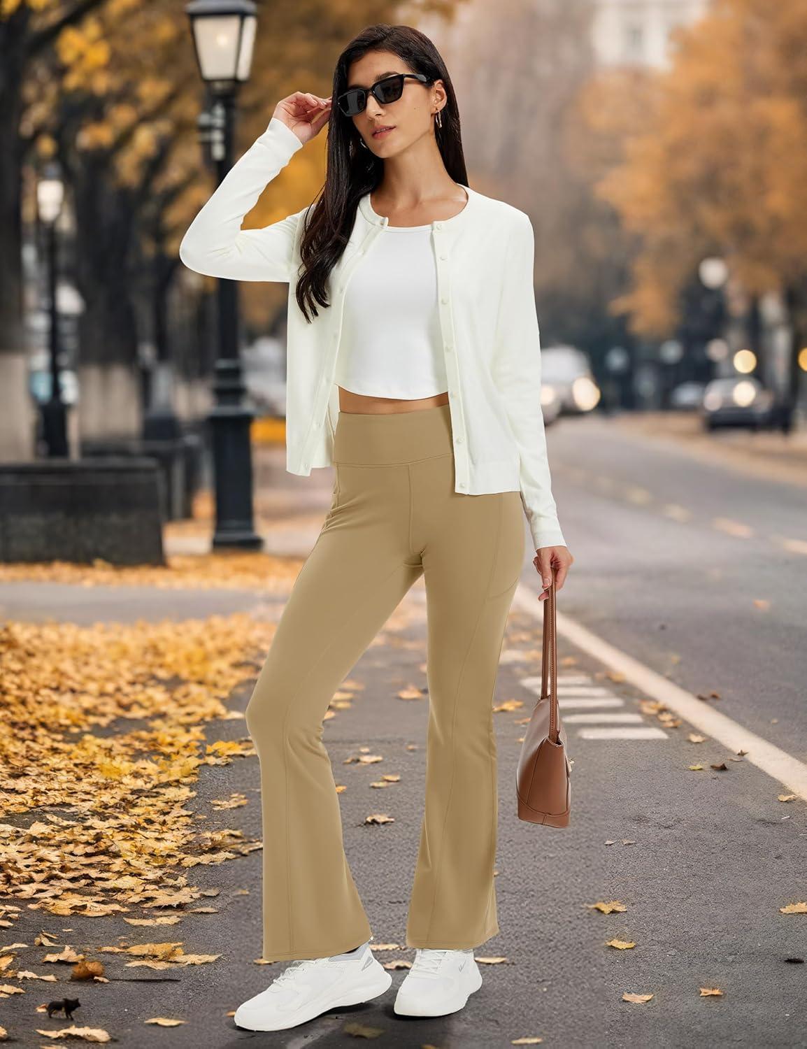 imageMAGCOMSEN Womens Fleece Lined Leggings Flare Pants High Waist Water Resistant Winter Thermal Casual Pants with PocketsKhaki