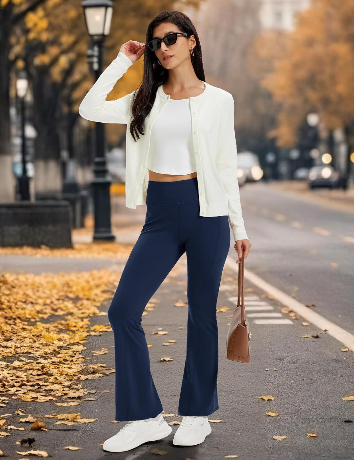 imageMAGCOMSEN Womens Fleece Lined Leggings Flare Pants High Waist Water Resistant Winter Thermal Casual Pants with PocketsNavy