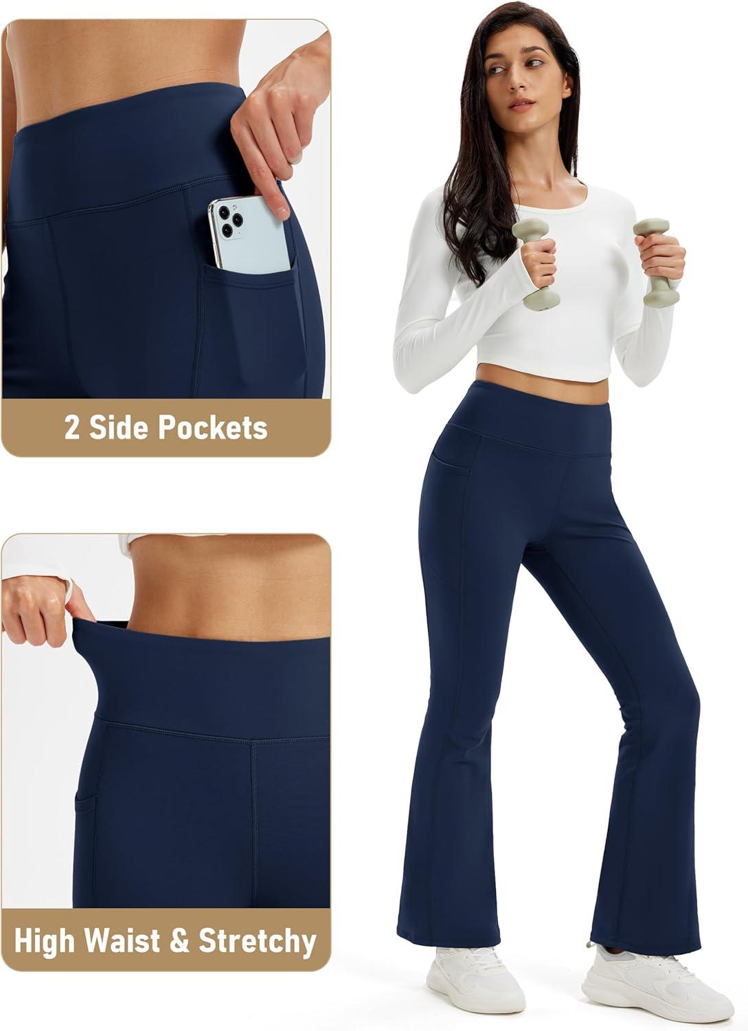 imageMAGCOMSEN Womens Fleece Lined Leggings Flare Pants High Waist Water Resistant Winter Thermal Casual Pants with PocketsNavy