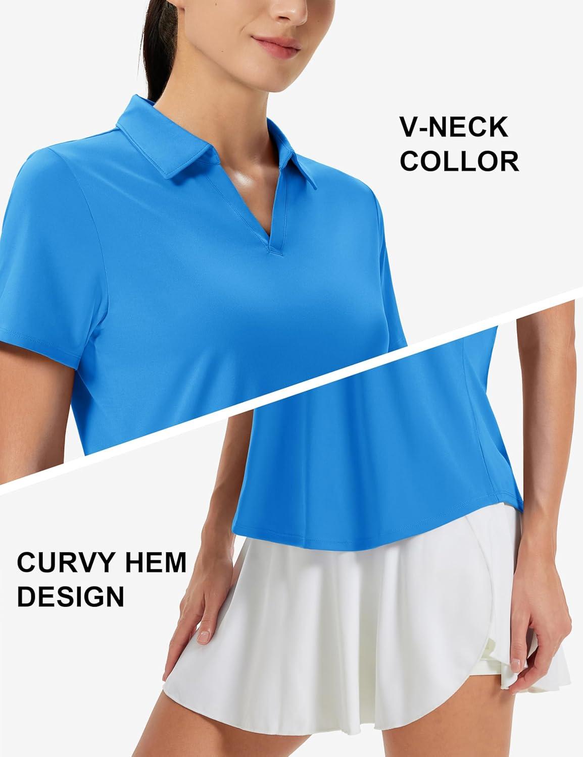imageMAGCOMSEN Womens Golf Shirts Short Sleeve Polo UPF 50 V Neck Collared Tops Quick Dry Tennis Athletic T ShirtsAzure