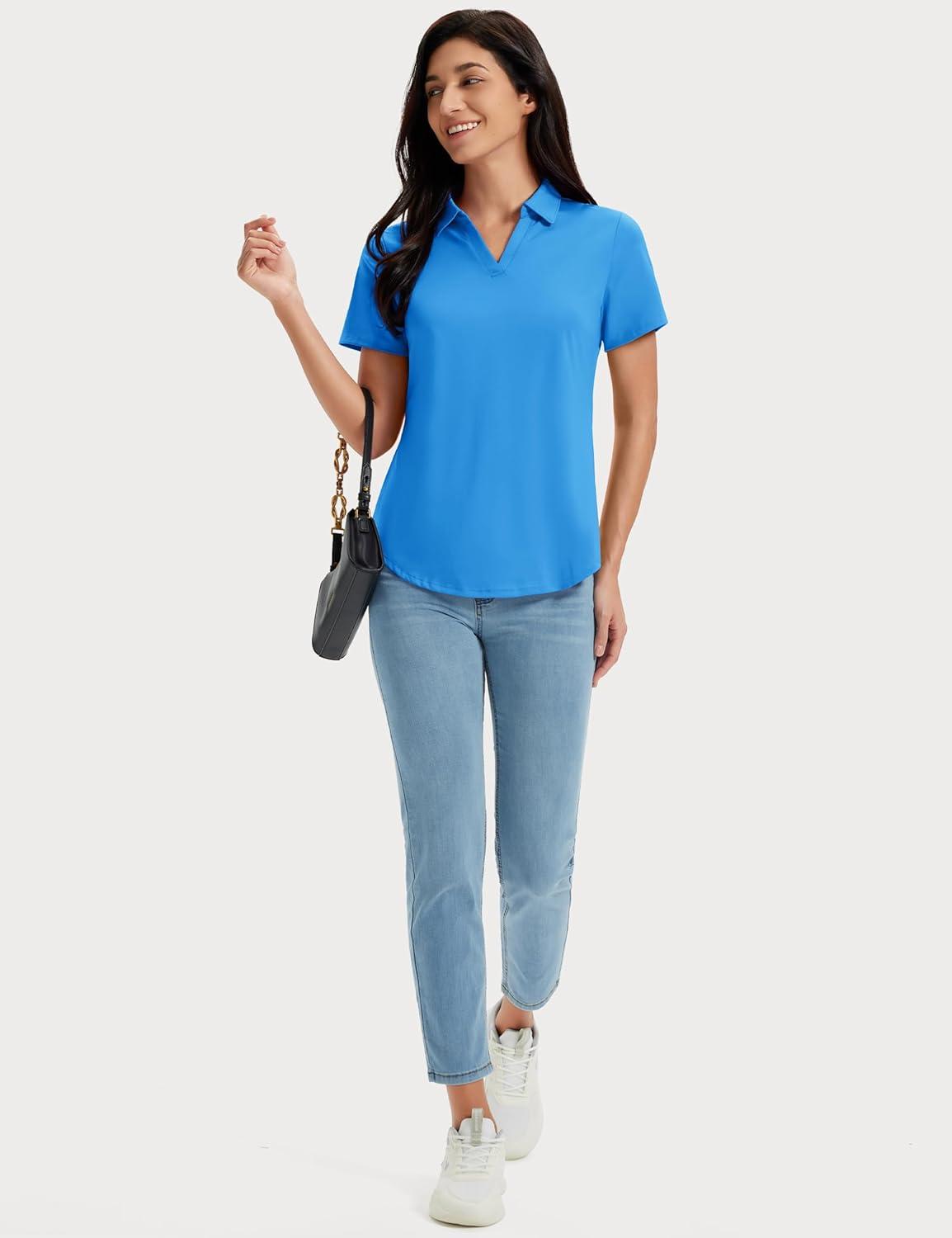 imageMAGCOMSEN Womens Golf Shirts Short Sleeve Polo UPF 50 V Neck Collared Tops Quick Dry Tennis Athletic T ShirtsAzure